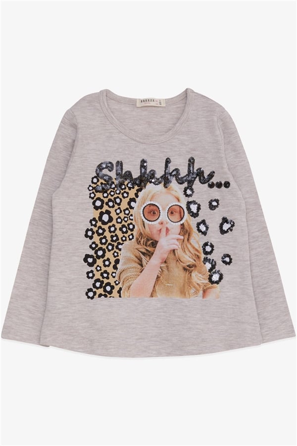 Girls' Long-Sleeve T-Shirt with Sequin Girl Print, Beige Melange (Ages 3-8)
