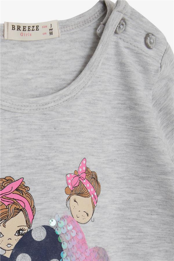 Girls' Long-Sleeve T-Shirt with Sequin Girl Print, Light Grey Melange (2-3 Years)