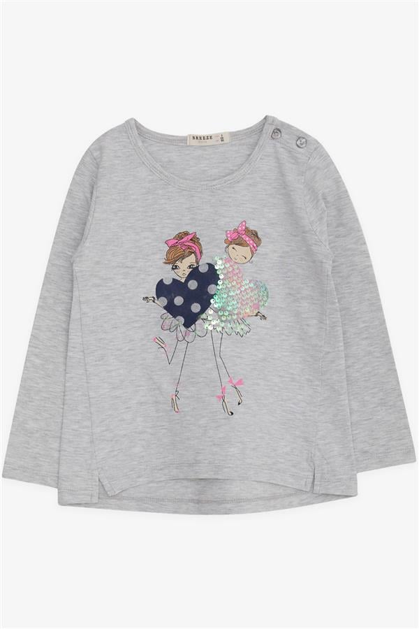 Girls' Long-Sleeve T-Shirt with Sequin Girl Print, Light Grey Melange (2-3 Years)