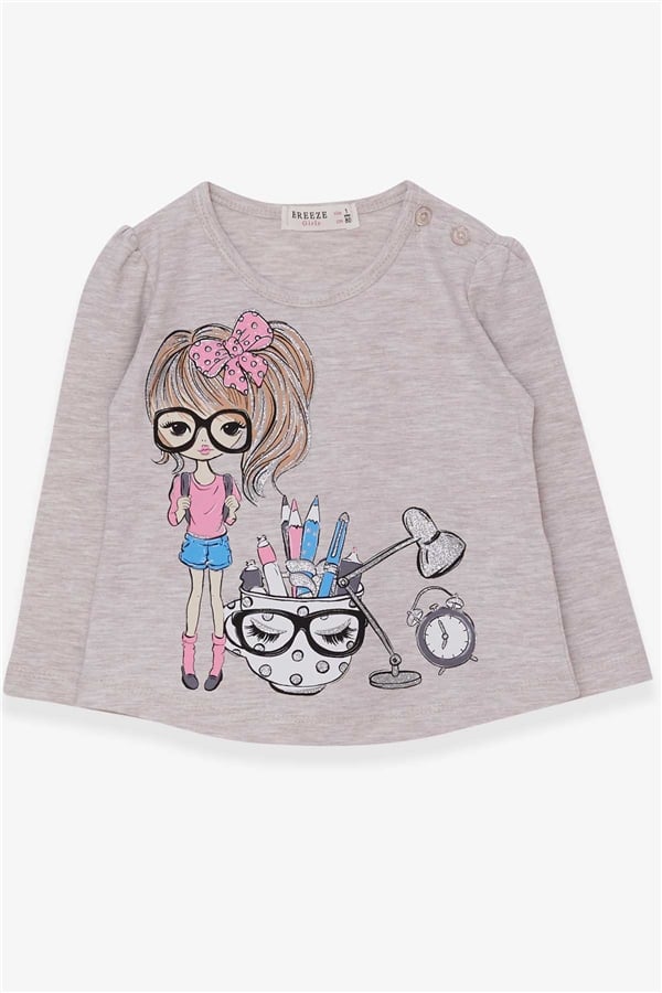 Girls' Long-Sleeve T-Shirt with Artist Girl Print, Beige Melange (Ages 1-4)
