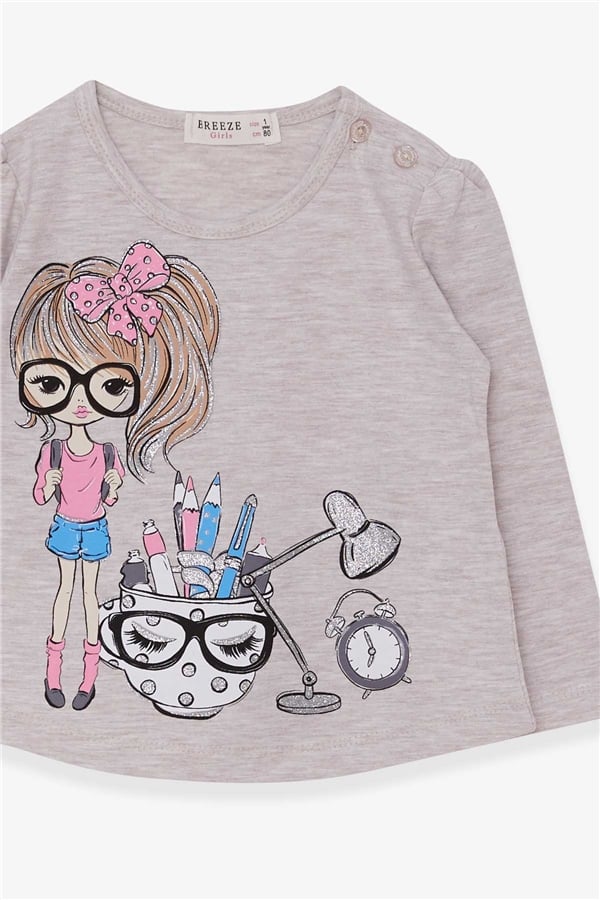 Girls' Long-Sleeve T-Shirt with Artist Girl Print, Beige Melange (Ages 1-4)