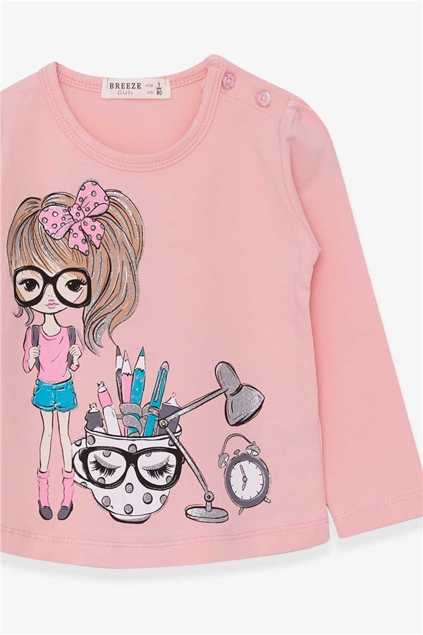 Baby Girl Long-Sleeve T-Shirt with Artist Girl Print, Powder Pink (1-2 Years)