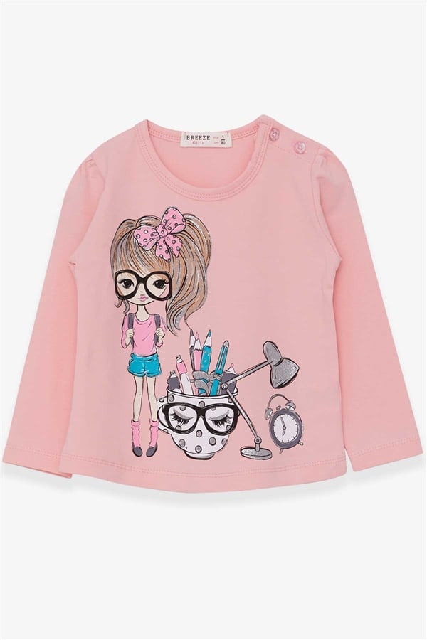 Baby Girl Long-Sleeve T-Shirt with Artist Girl Print, Powder Pink (1-2 Years)