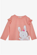Baby Girl Long-Sleeve T-Shirt with Cute Bunny Print and Ruffled Shoulder, Salmon (1-1.5 Years)