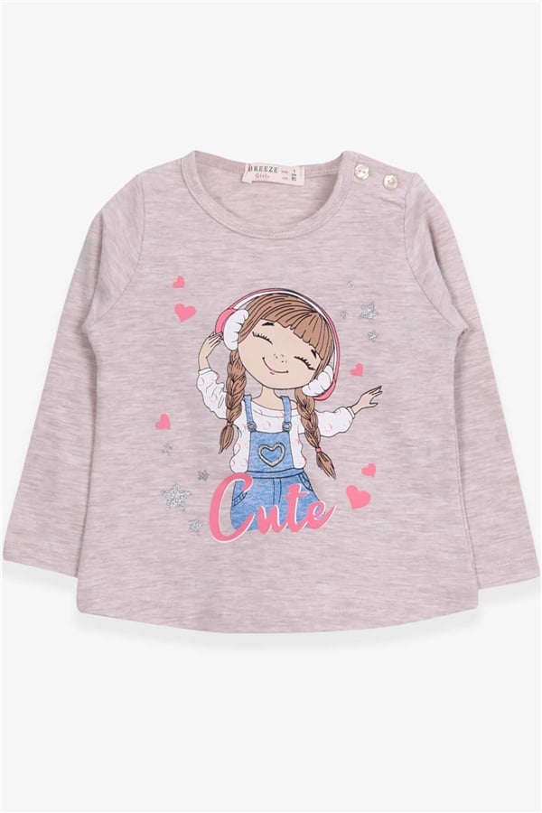 Baby Girl Long-Sleeve T-Shirt, Cute Girl Print, Beige Melange (1-1.5 Years)