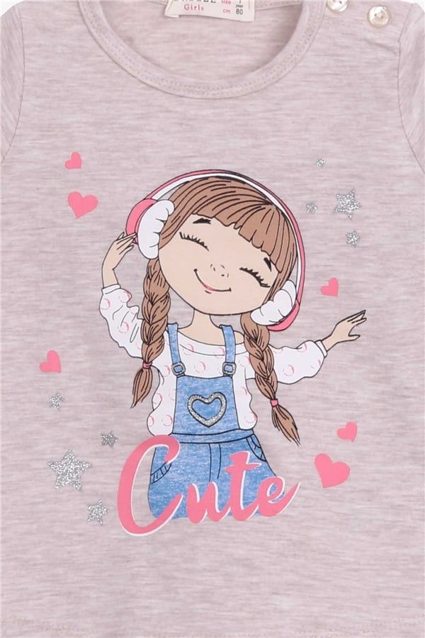 Baby Girl Long-Sleeve T-Shirt, Cute Girl Print, Beige Melange (1-1.5 Years)