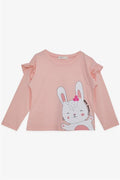 Baby Girl Long-Sleeve T-Shirt with Cute Bunny Print and Ruffled Shoulder, Pink (1-1.5 Years)
