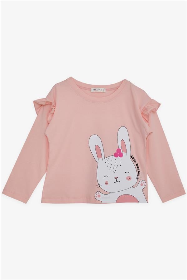 Baby Girl Long-Sleeve T-Shirt with Cute Bunny Print and Ruffled Shoulder, Pink (1-1.5 Years)
