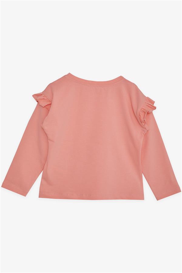 Baby Girl Long-Sleeve T-Shirt with Cute Bunny Print and Ruffled Shoulder, Salmon (1-1.5 Years)