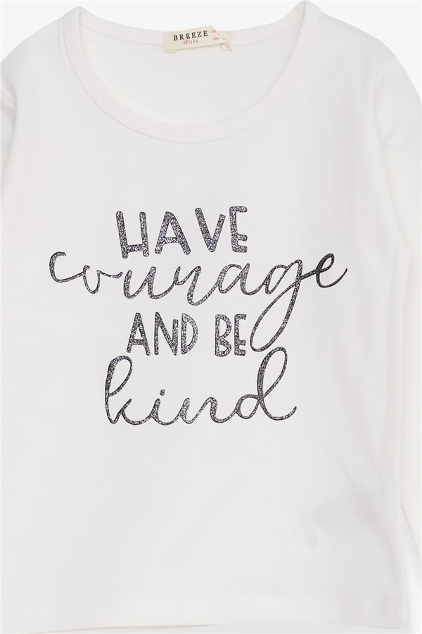 Girls' Long-Sleeved T-Shirt with Glittery Text Print, Ecru (Ages 3-5)