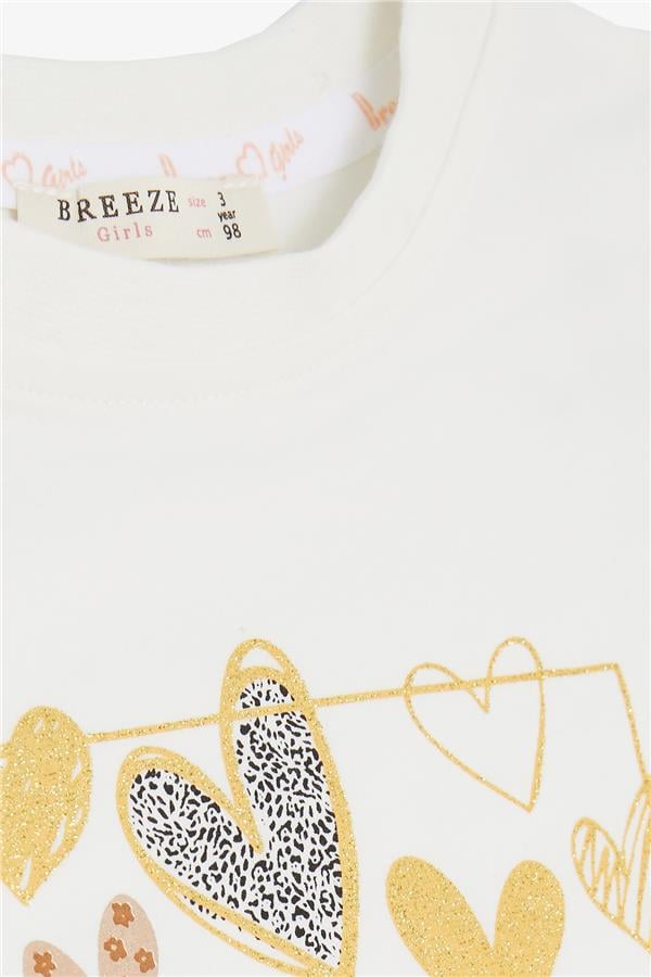 Baby Girl Long-Sleeve T-Shirt with Glitter Heart Print and Ruffles, Off-White (1-1.5 Years)