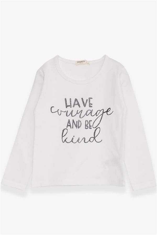 Girls' Long-Sleeved T-Shirt with Glittery Text Print, Ecru (Ages 3-5)