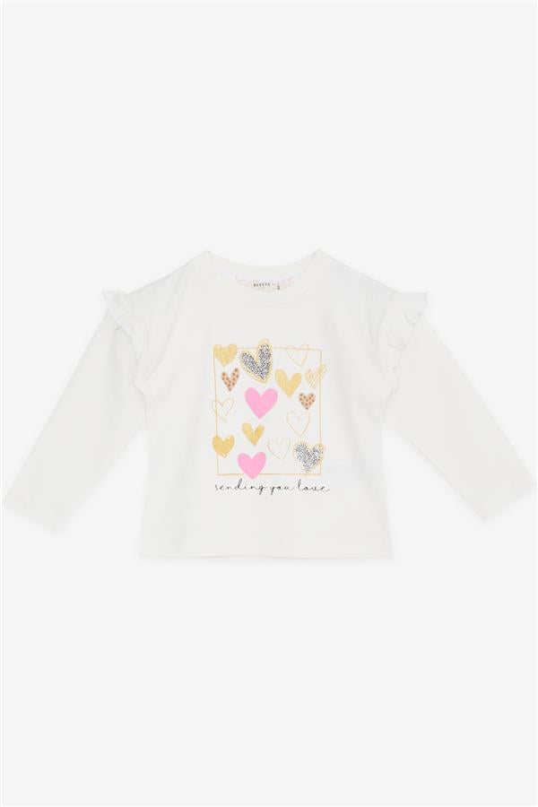 Baby Girl Long-Sleeve T-Shirt with Glitter Heart Print and Ruffles, Off-White (1-1.5 Years)
