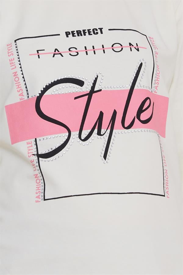 Girls' Long-Sleeved T-Shirt with Rhinestone and Text Print, Cream (Ages 6-10)