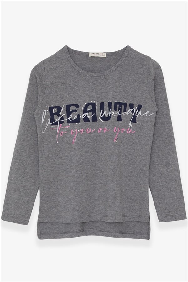 Girls' Long-Sleeve T-Shirt with Rhinestone and Text Print, Dark Grey Melange (Ages 10-16)