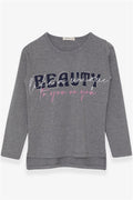 Girls' Long-Sleeve T-Shirt with Rhinestone and Text Print, Dark Grey Melange (Ages 10-16)