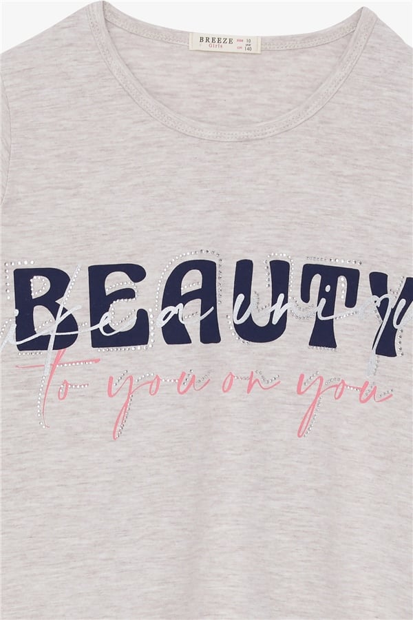 Girls' Long-Sleeved T-Shirt with Rhinestone and Text Print, Beige Melange (Ages 10-16)