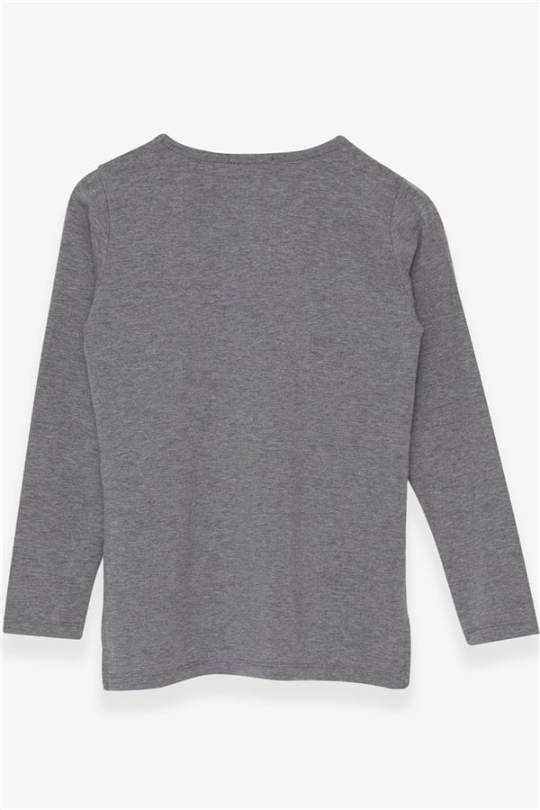 Girls' Long-Sleeve T-Shirt with Rhinestone and Text Print, Dark Grey Melange (Ages 10-16)