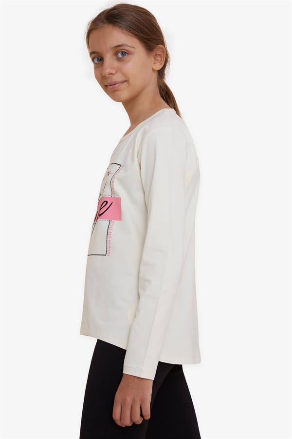 Girls' Long-Sleeved T-Shirt with Rhinestone and Text Print, Cream (Ages 6-10)