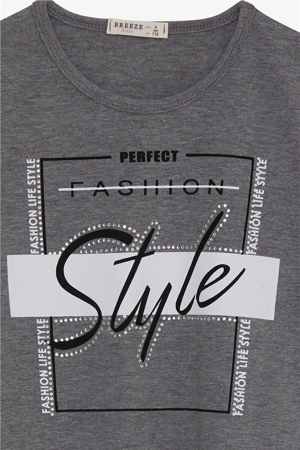 Girls' Long-Sleeved T-Shirt with Rhinestone and Text Print, Dark Grey Melange (Ages 6-12)