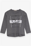 Girls' Long-Sleeved T-Shirt with Rhinestone and Text Print, Dark Grey Melange (Ages 6-12)