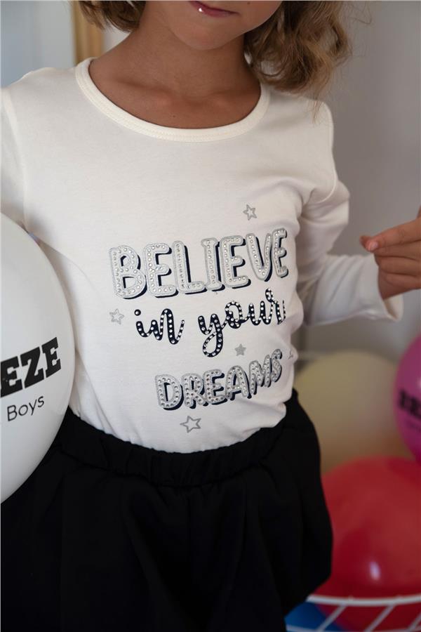 Girls' Long-Sleeved T-Shirt with Rhinestone and Text Print, Ecru (Ages 5-10)