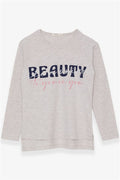 Girls' Long-Sleeved T-Shirt with Rhinestone and Text Print, Beige Melange (Ages 10-16)