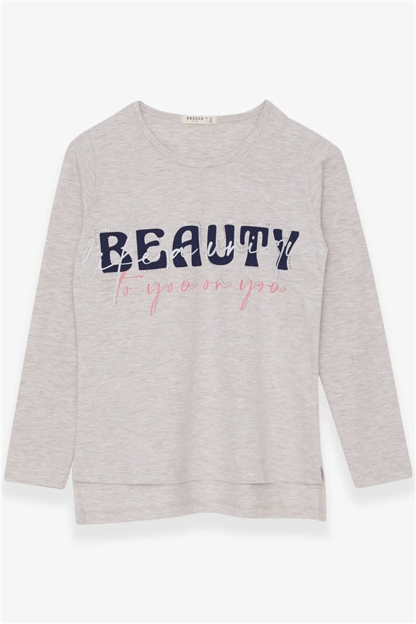 Girls' Long-Sleeved T-Shirt with Rhinestone and Text Print, Beige Melange (Ages 10-16)