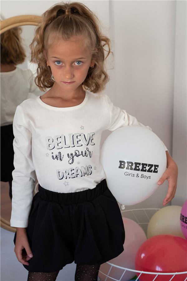 Girls' Long-Sleeved T-Shirt with Rhinestone and Text Print, Ecru (Ages 5-10)