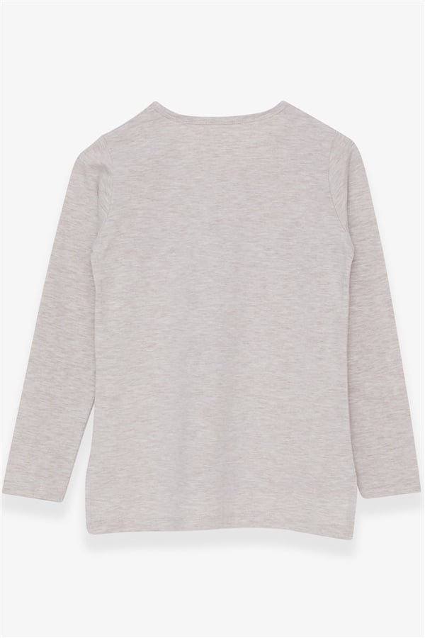 Girls' Long-Sleeved T-Shirt with Rhinestone and Text Print, Beige Melange (Ages 10-16)