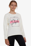 Girls' Long-Sleeved T-Shirt with Rhinestone and Text Print, Cream (Ages 6-10)
