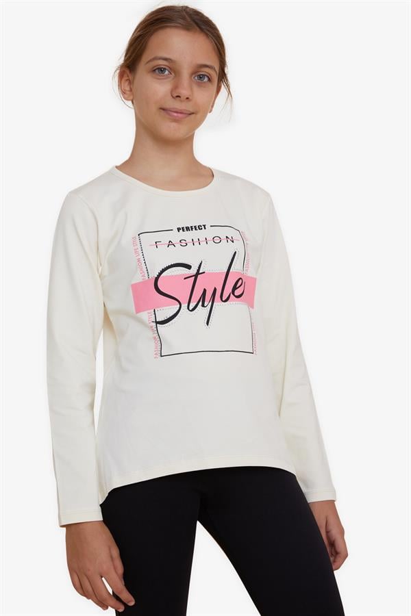 Girls' Long-Sleeved T-Shirt with Rhinestone and Text Print, Cream (Ages 6-10)