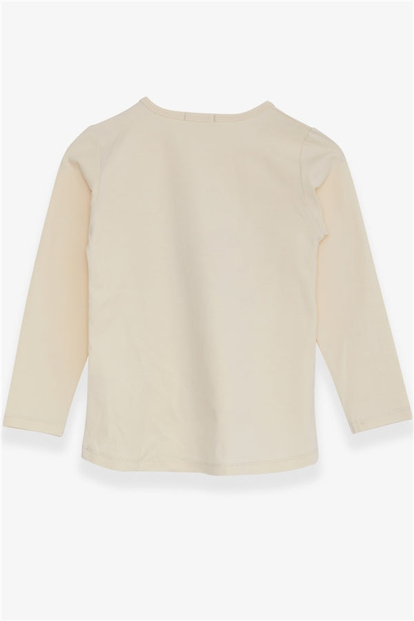 Girls' Long-Sleeved T-Shirt with Rhinestone and Text Print, Cream (Ages 6-10)