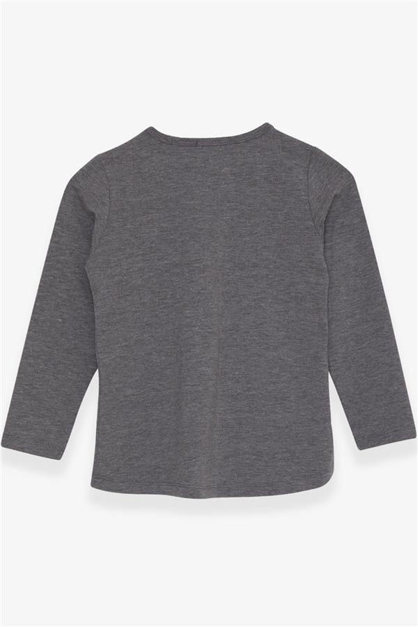 Girls' Long-Sleeved T-Shirt with Rhinestone and Text Print, Dark Grey Melange (Ages 6-12)