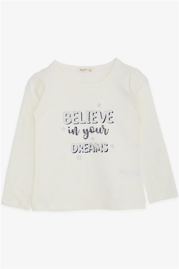 Girls' Long-Sleeved T-Shirt with Rhinestone and Text Print, Ecru (Ages 5-10)