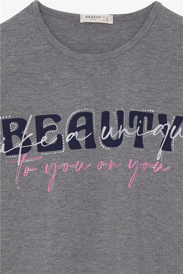 Girls' Long-Sleeve T-Shirt with Rhinestone and Text Print, Dark Grey Melange (Ages 10-16)