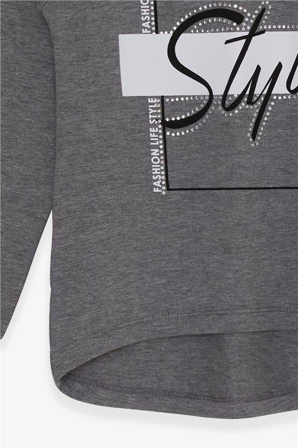 Girls' Long-Sleeved T-Shirt with Rhinestone and Text Print, Dark Grey Melange (Ages 6-12)