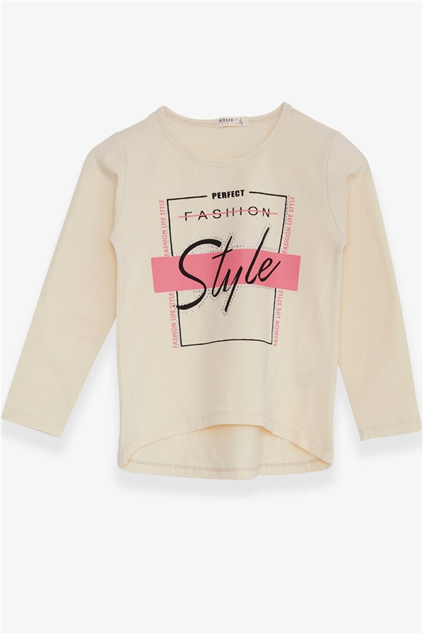 Girls' Long-Sleeved T-Shirt with Rhinestone and Text Print, Cream (Ages 6-10)