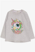 Girls' Long-Sleeve T-Shirt with Unicorn Print, Beige Melange (1.5-5 Years)