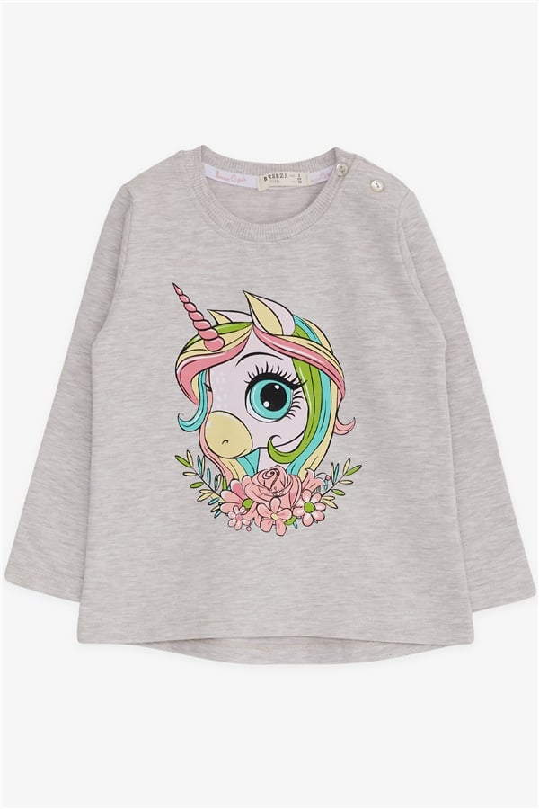 Girls' Long-Sleeve T-Shirt with Unicorn Print, Beige Melange (1.5-5 Years)
