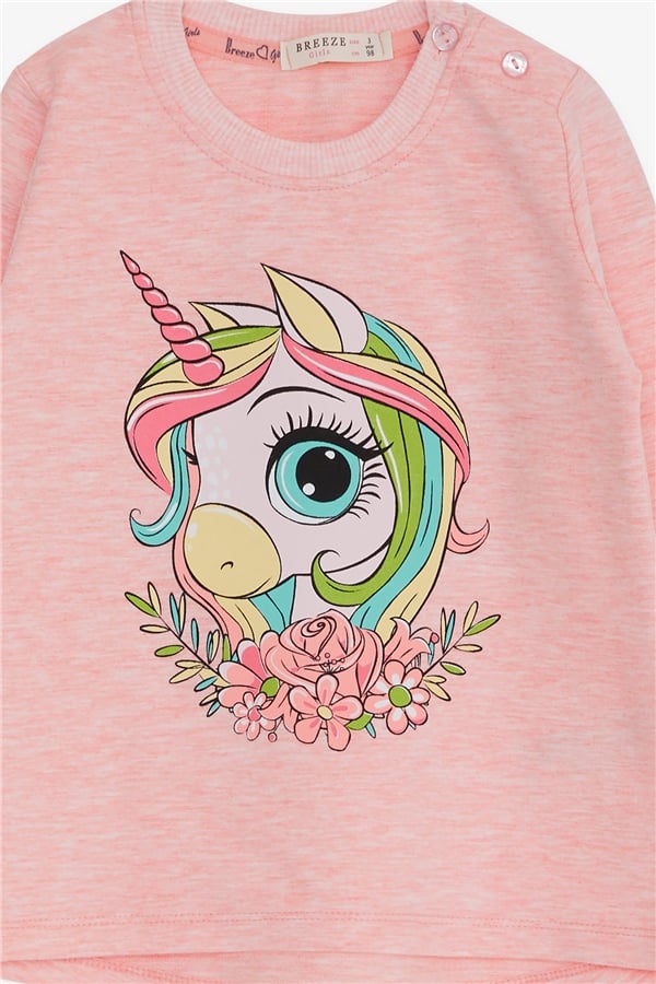 Girls' Long-Sleeve T-Shirt with Unicorn Print, Salmon Melange (1.5-4 Years)