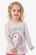 Girls' Long-Sleeve T-Shirt Unicorn Beige Melange (2-3 Years)