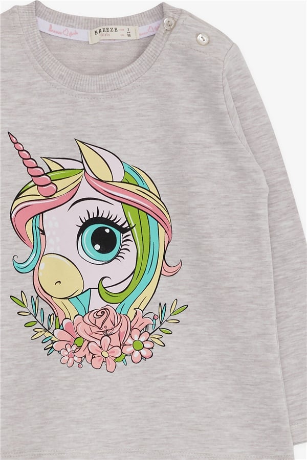 Girls' Long-Sleeve T-Shirt with Unicorn Print, Beige Melange (1.5-5 Years)
