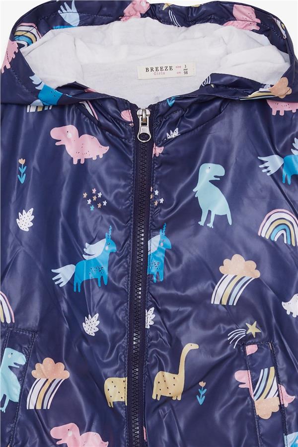 Girls' Raincoat with Dinosaur Design, Navy Blue (1-2 Years)