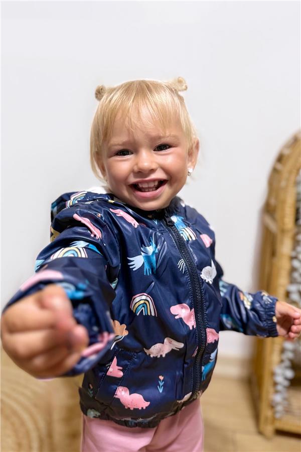 Girls' Raincoat with Dinosaur Design, Navy Blue (1-2 Years)