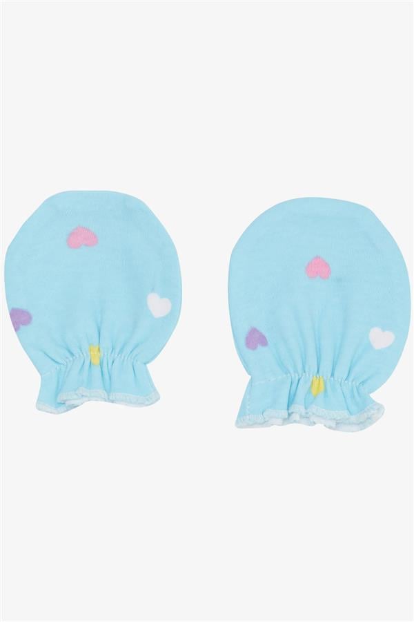 Newborn Baby Gloves, Colorful Heart Pattern, Light Blue (7 x 9 cm)
