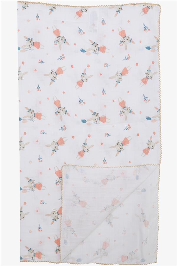 Newborn Baby Muslin Blanket Happy Bunny Pattern Ecru (77 x 89 cm)