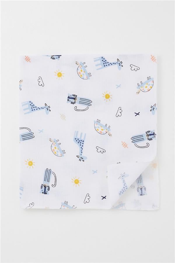 Newborn Baby Muslin Blanket with Cute Animal Pattern, White (77 x 93 cm)