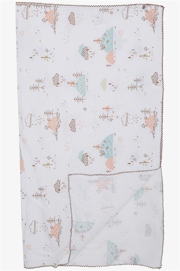 Newborn Baby Muslin Blanket, Rain Theme, Tree Pattern, Ecru (77 x 89 cm)