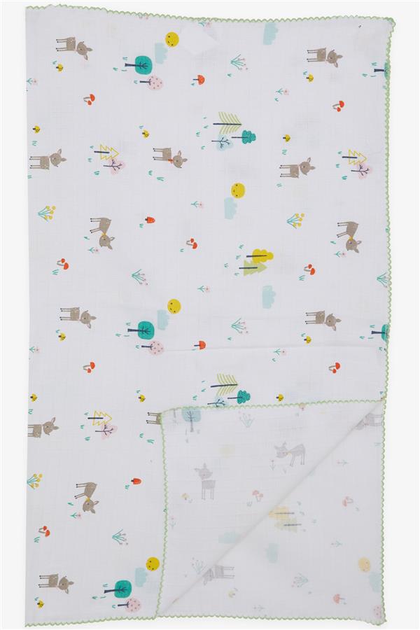 Newborn Baby Muslin Blanket, Spring Theme, Deer Pattern, Ecru (77 x 89 cm)